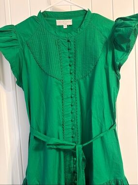 Caroline Constas Emerald Green Pintuck Button Midi Dress